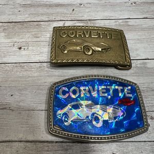 Corvette Chevy Solid Brass Belt Buckle Chevrolet Blue Set Of 2 Vintage Car